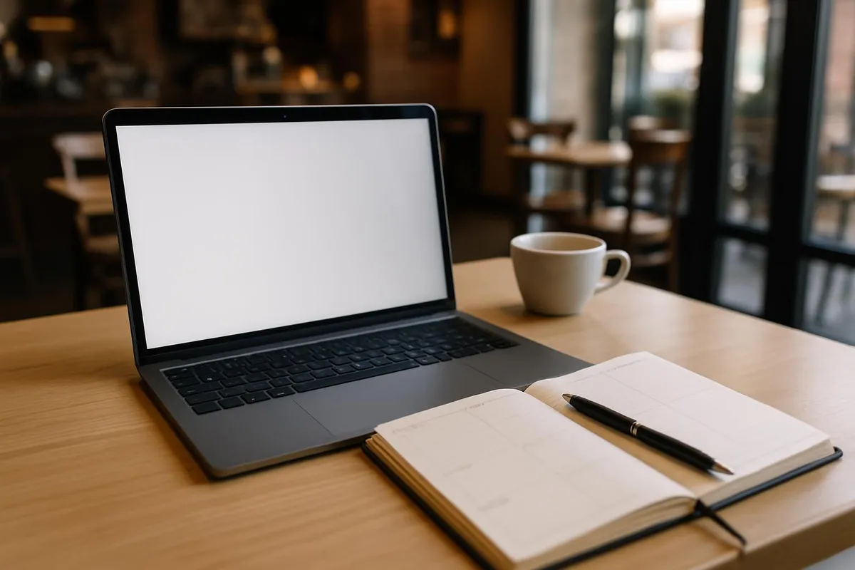 Open laptop and planner on a tidy table in a coffee shop
