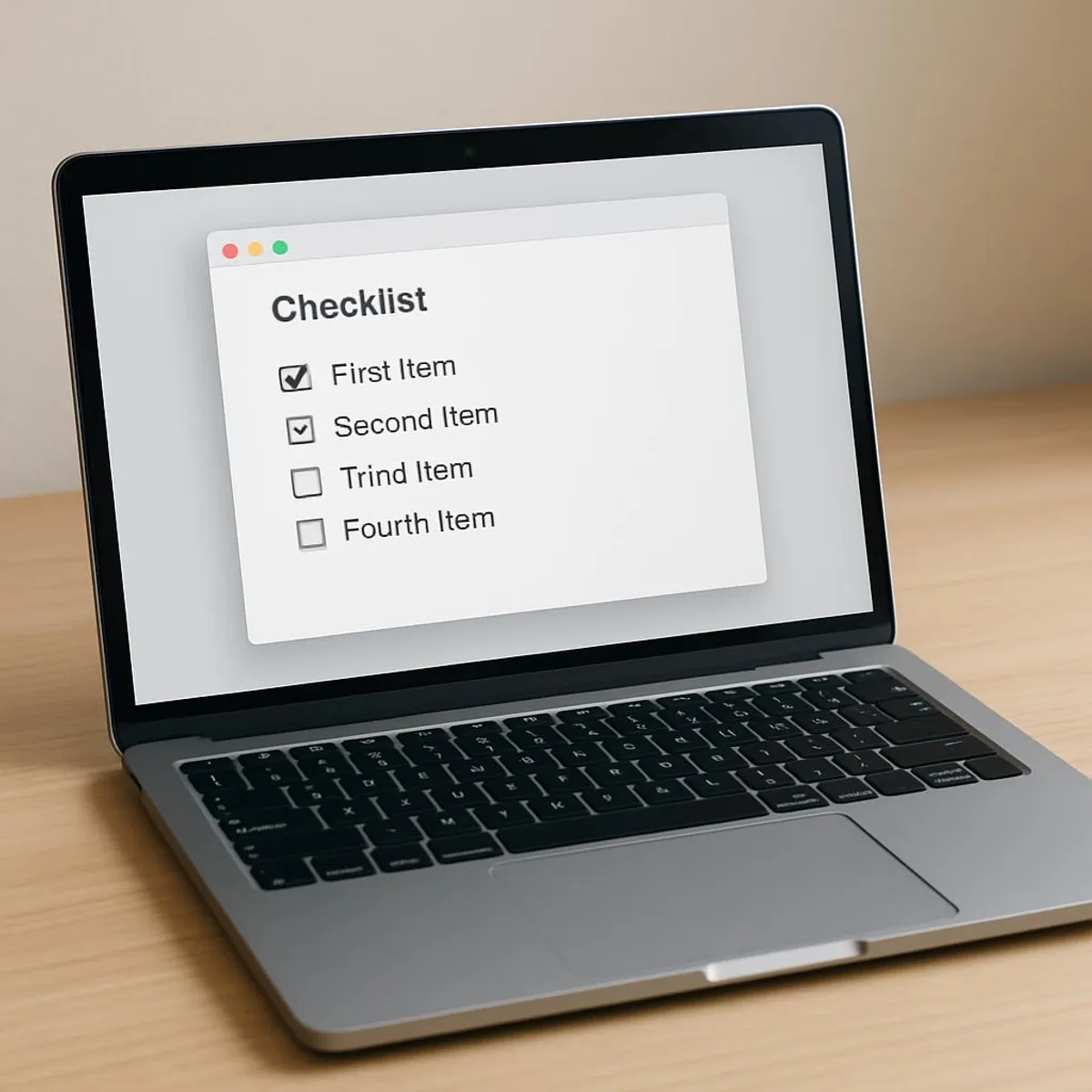 Open laptop with a minimal text editor and checklist visible