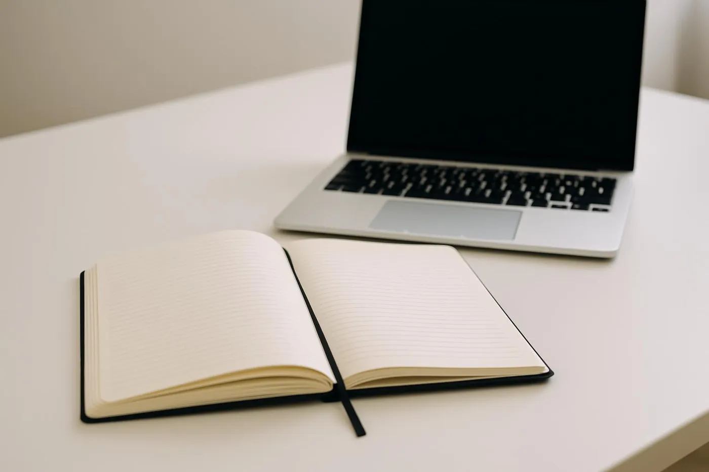 Open notebook and laptop on a clean desk, ready for a quick planning reset.