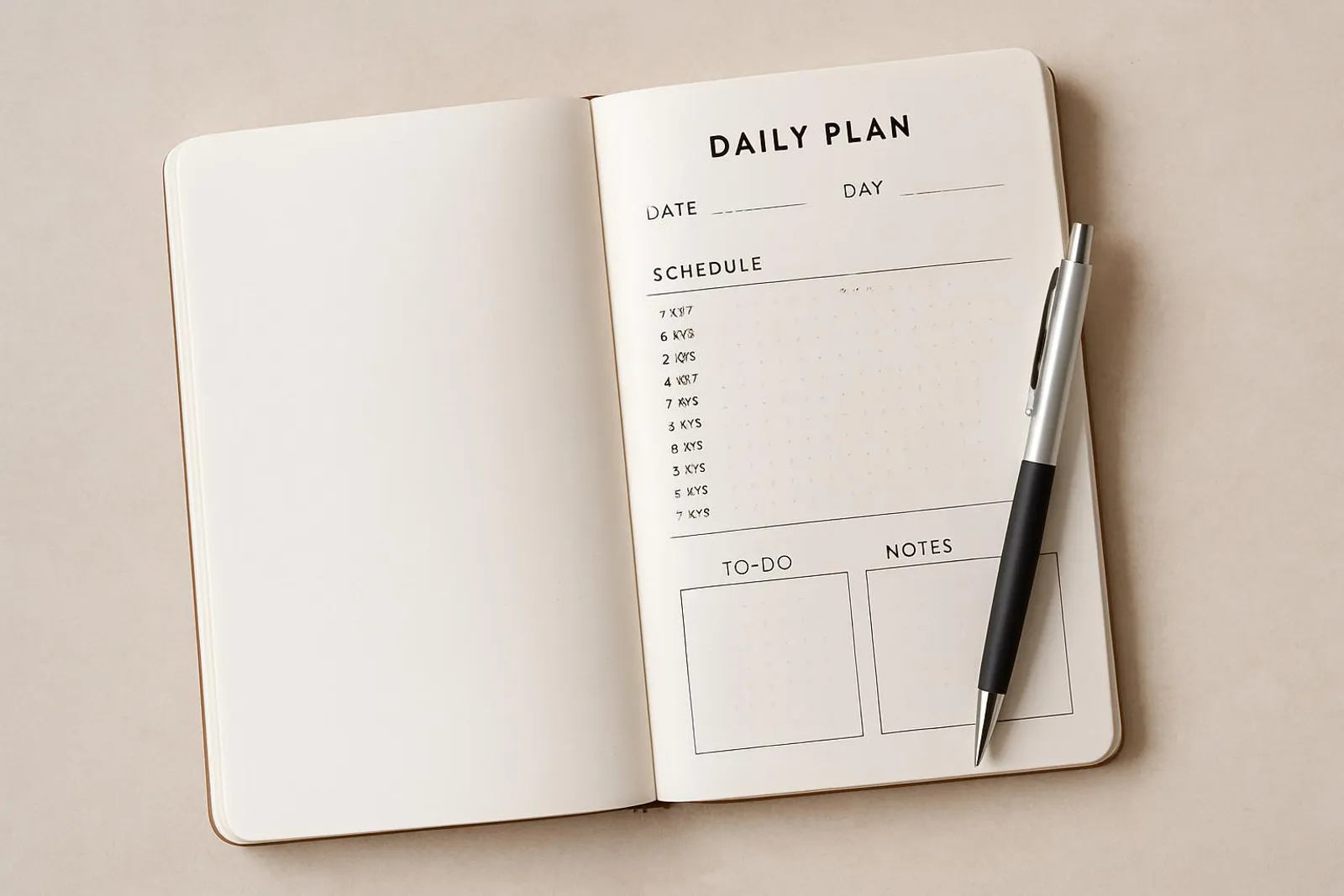 Open notebook with a pen and a minimal daily planning layout.