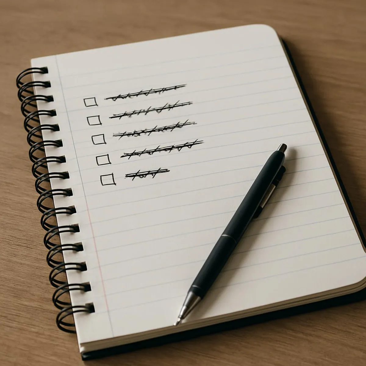 Open notebook with a pen and crossed-out tasks on a desk