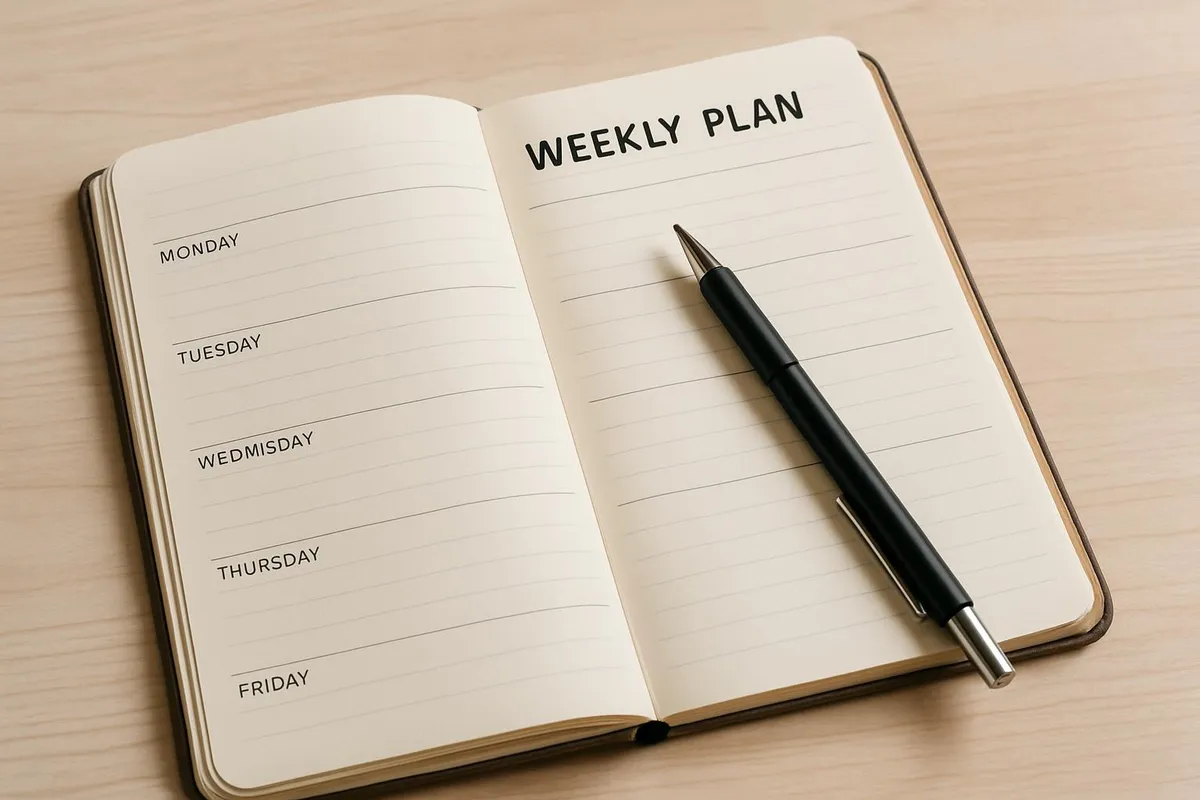 Open notebook with weekly plan and a pen, ready to go