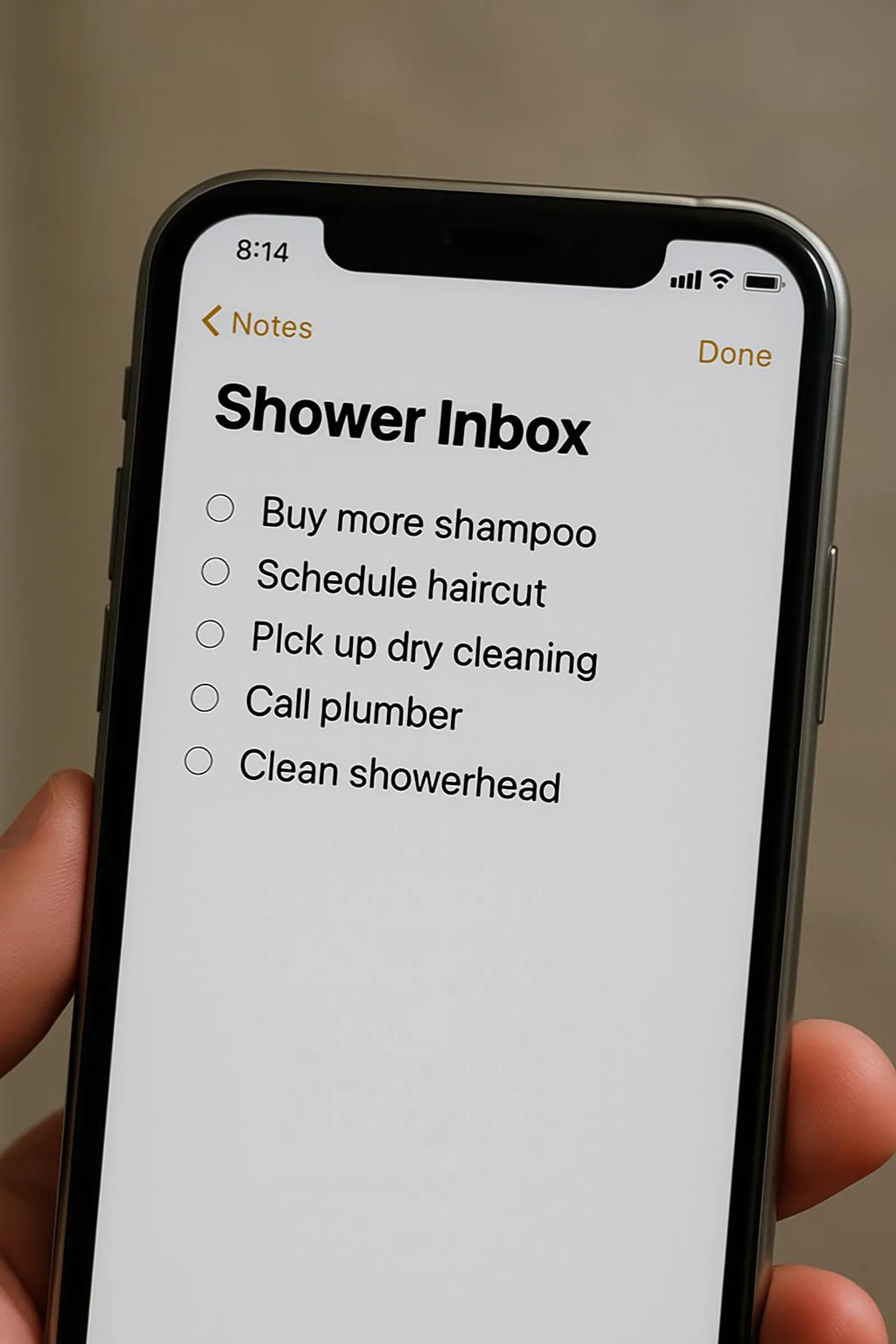 Open notes app with a list titled Shower Inbox