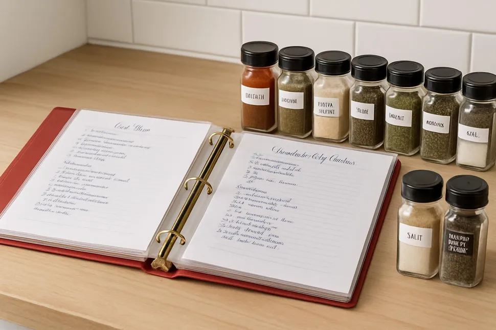 Open recipe binder with plastic sleeves next to a tidy spice lineup