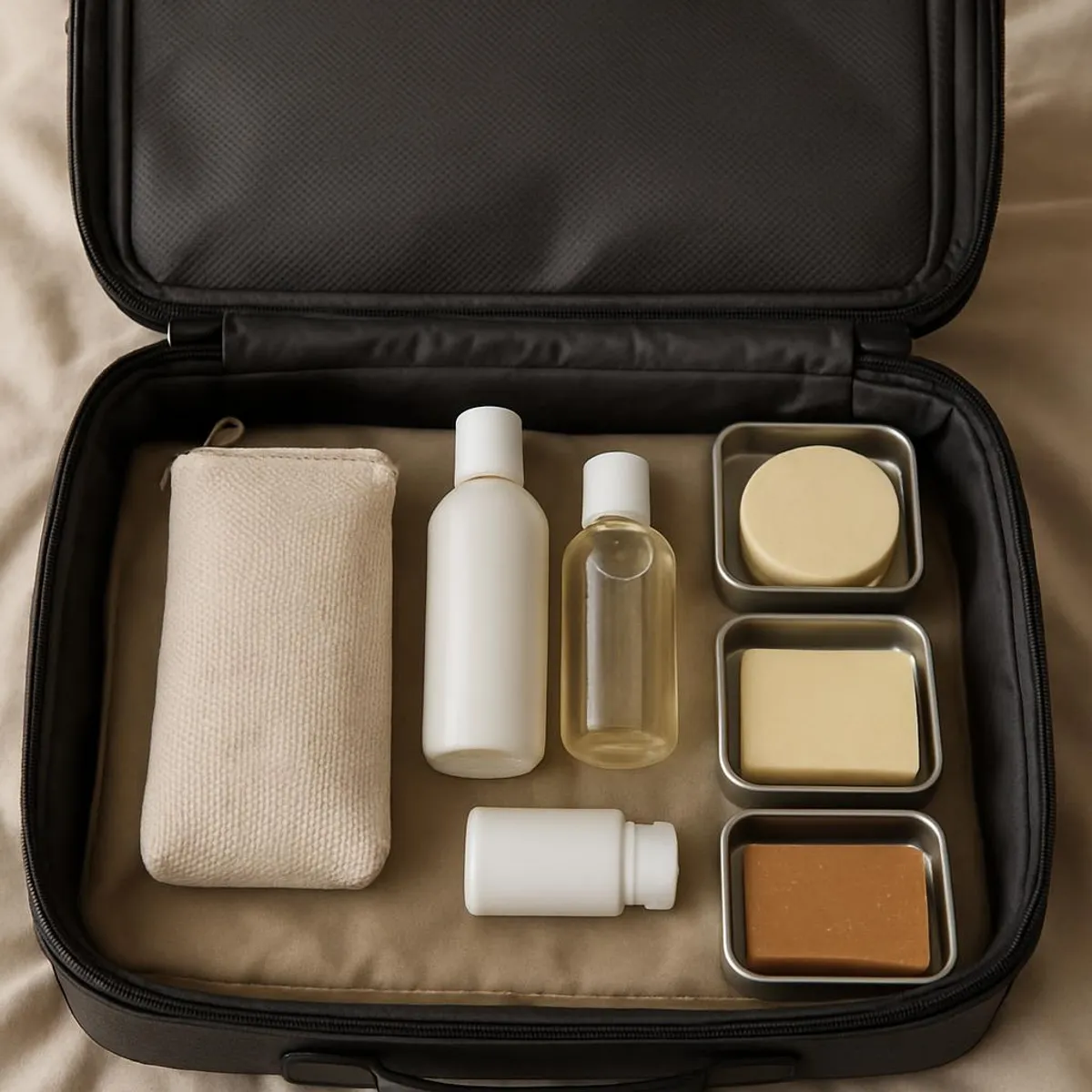 Open suitcase with reusable toiletries and solid bars in tins