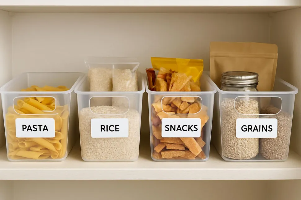 Open-top bins with clear labels on a pantry shelf