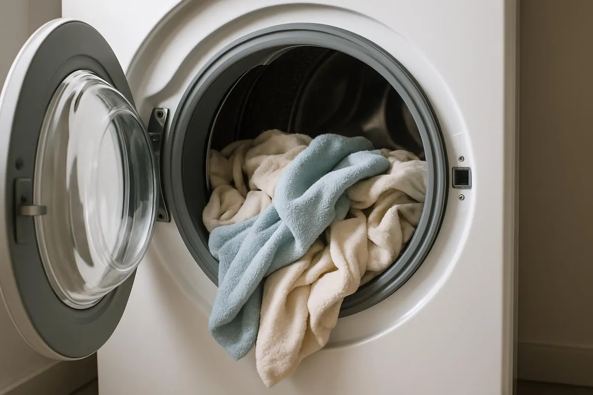 Open washing machine door with laundry inside