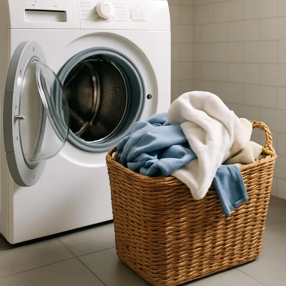 Open washing machine with laundry basket beside it