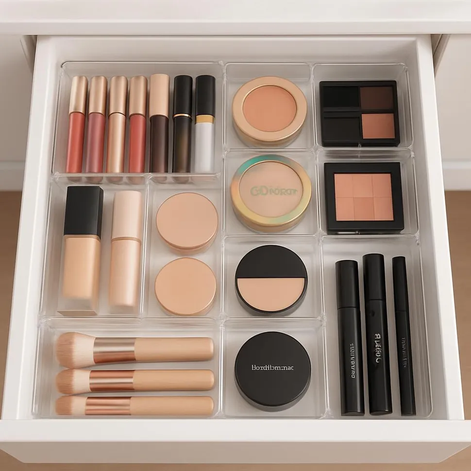 Organized acrylic makeup drawer after decluttering