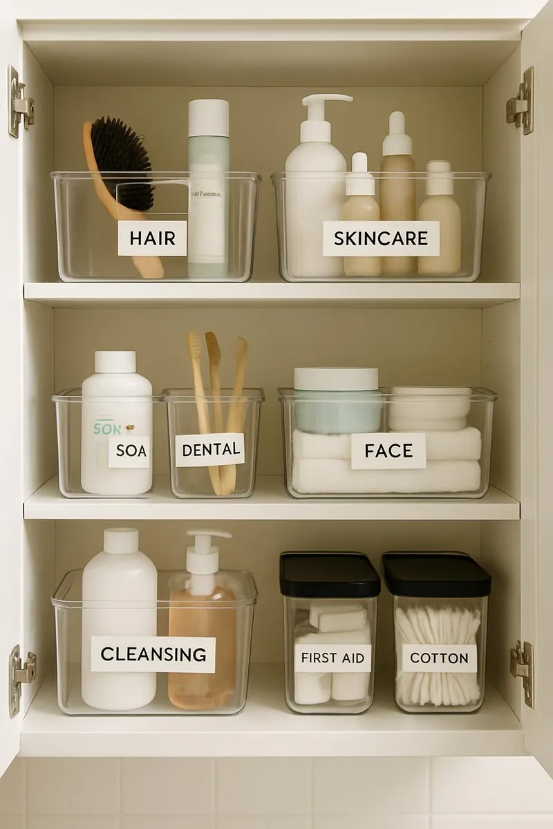 Organized bathroom cabinet with labeled containers