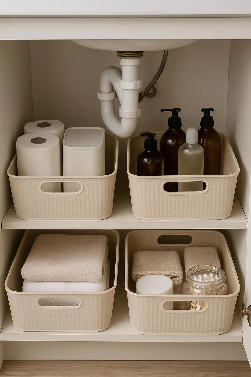 Organized bins under bathroom sink