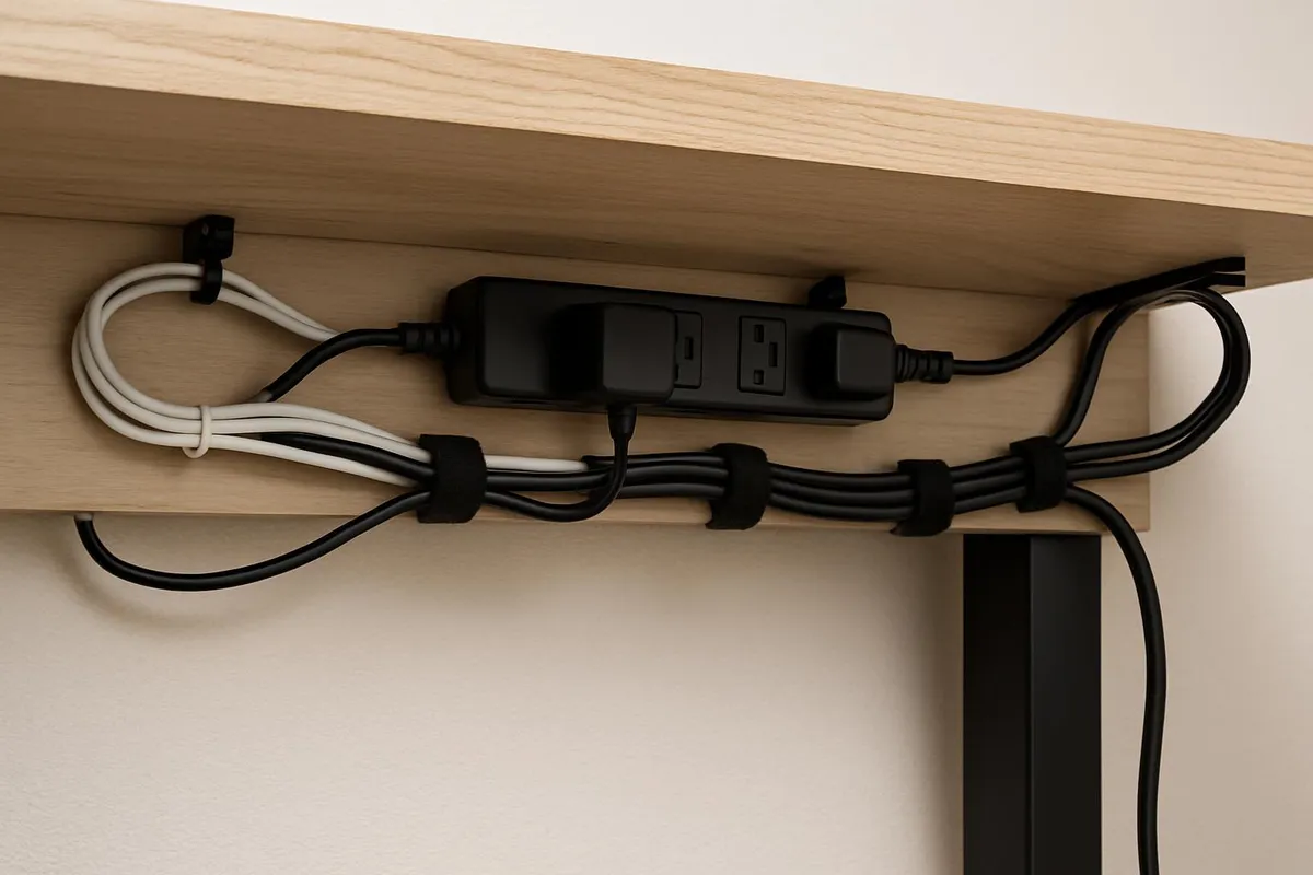 Organized cable management under desk with clips and velcro
