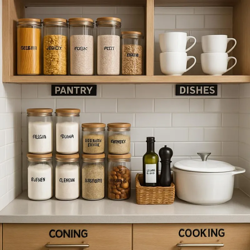 Organized kitchen zones with labeled containers and pantry items