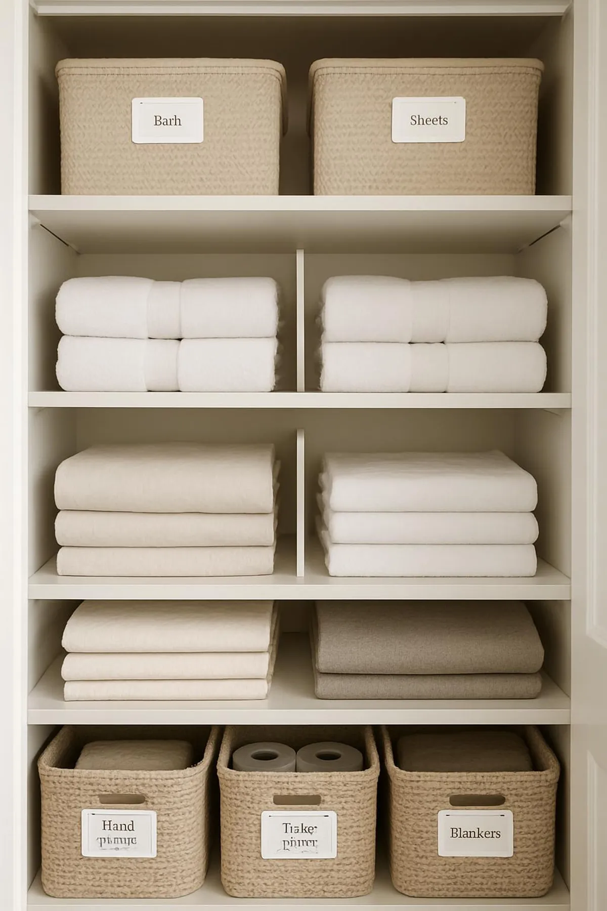 Organized linen closet with labeled bins, shelf dividers, and neatly folded linens