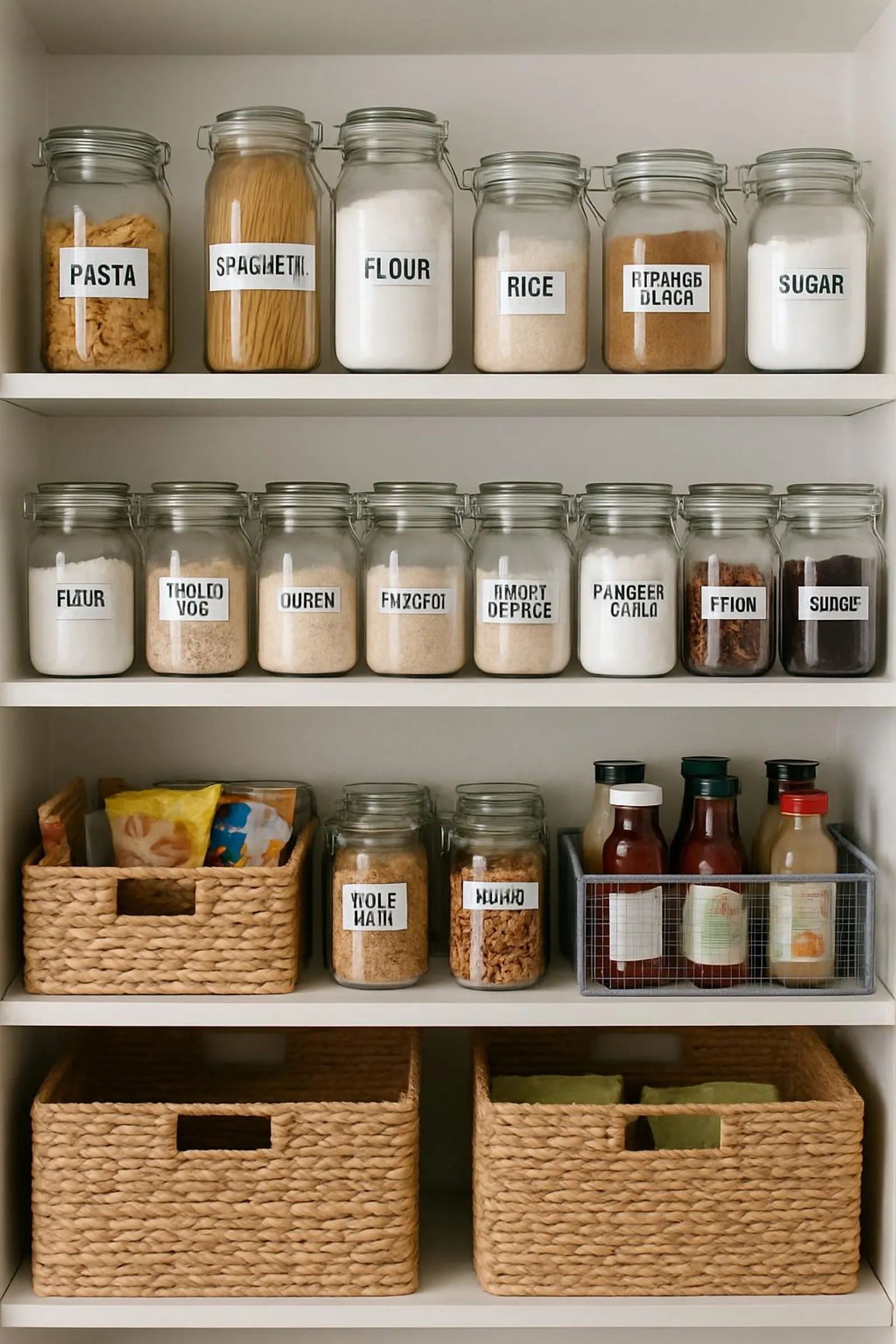 Organized pantry with labeled glass jars and baskets on shelves