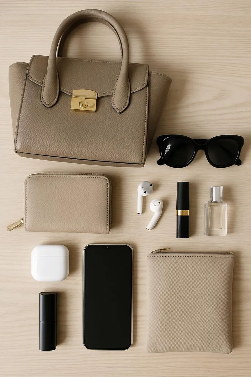 Organized purse essentials laid out on table