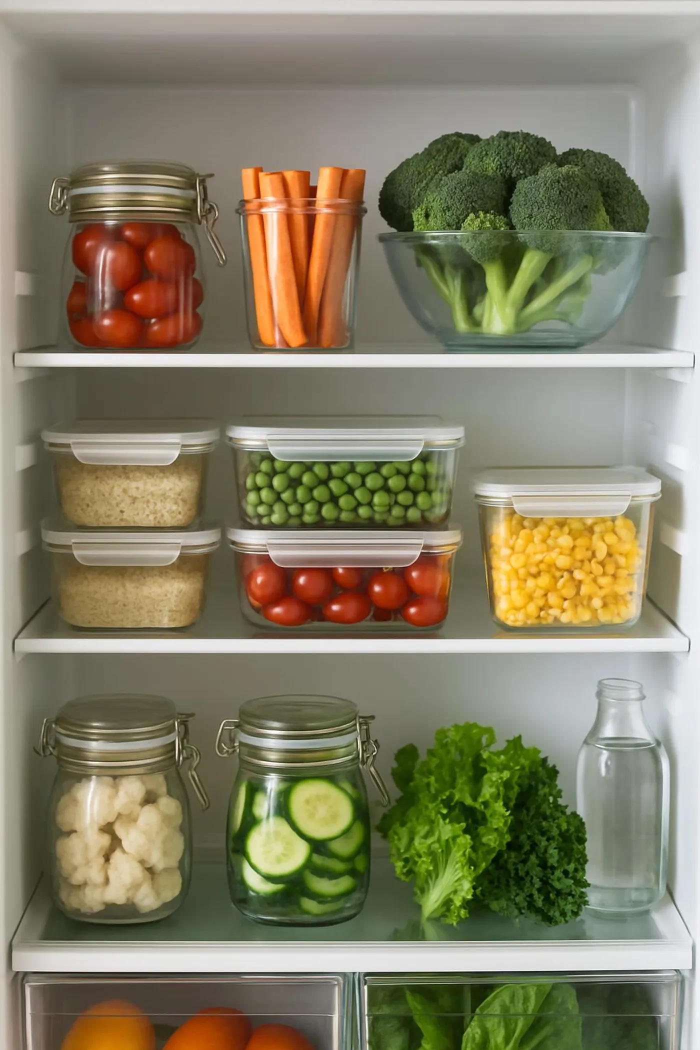 Organized refrigerator with glass containers, jars of produce, and fresh greens