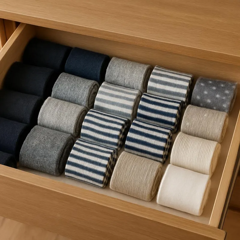 Organized sock drawer with neatly folded socks