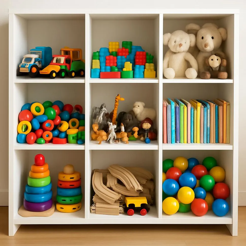 Organized toy cubbies by category
