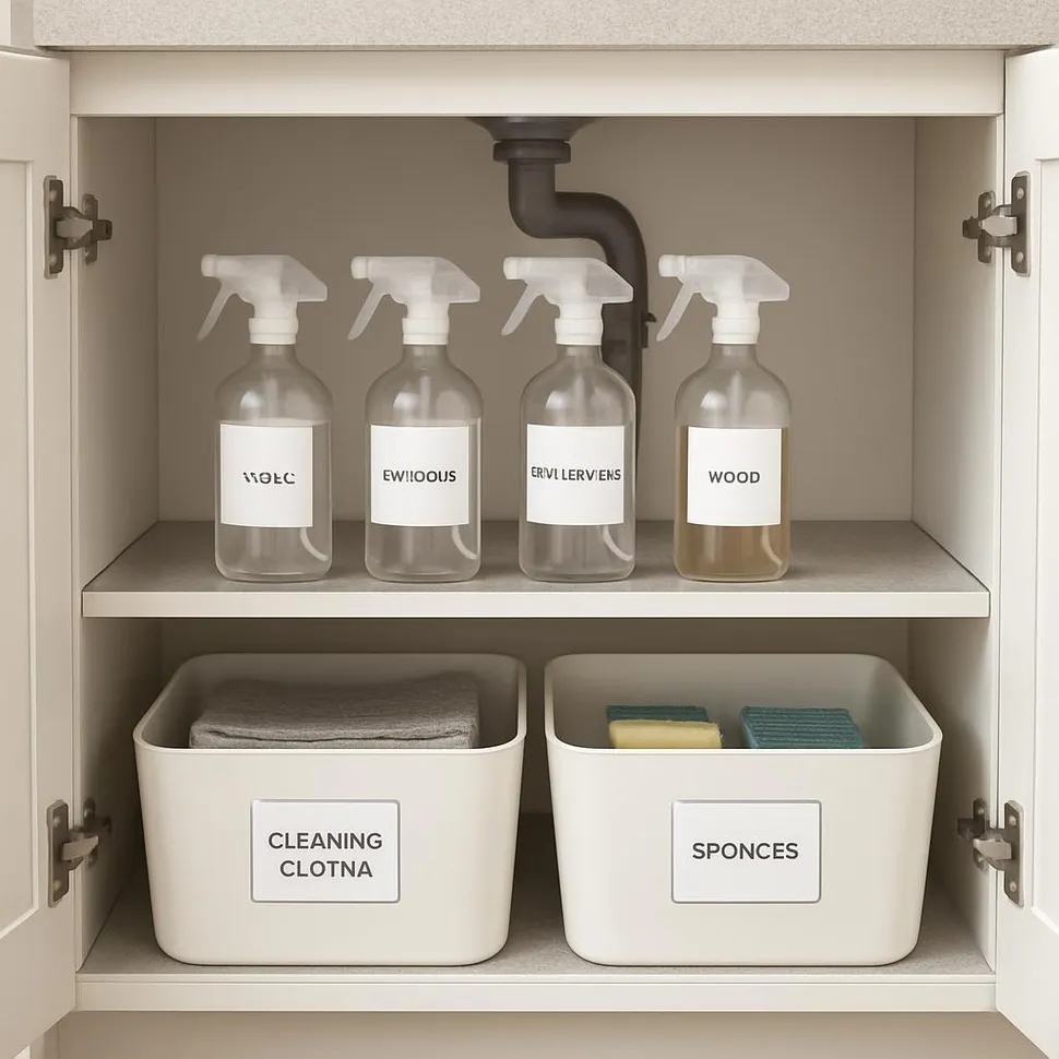Organized under-sink cabinet with labeled spray bottles and bins