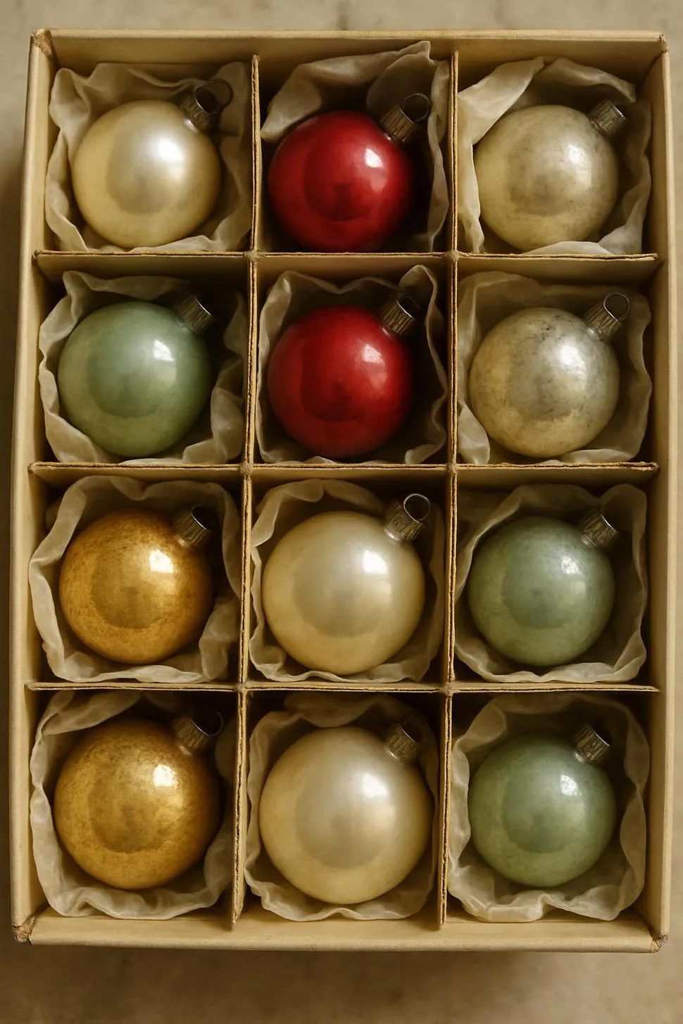 Ornament storage dividers with fragile glass baubles.