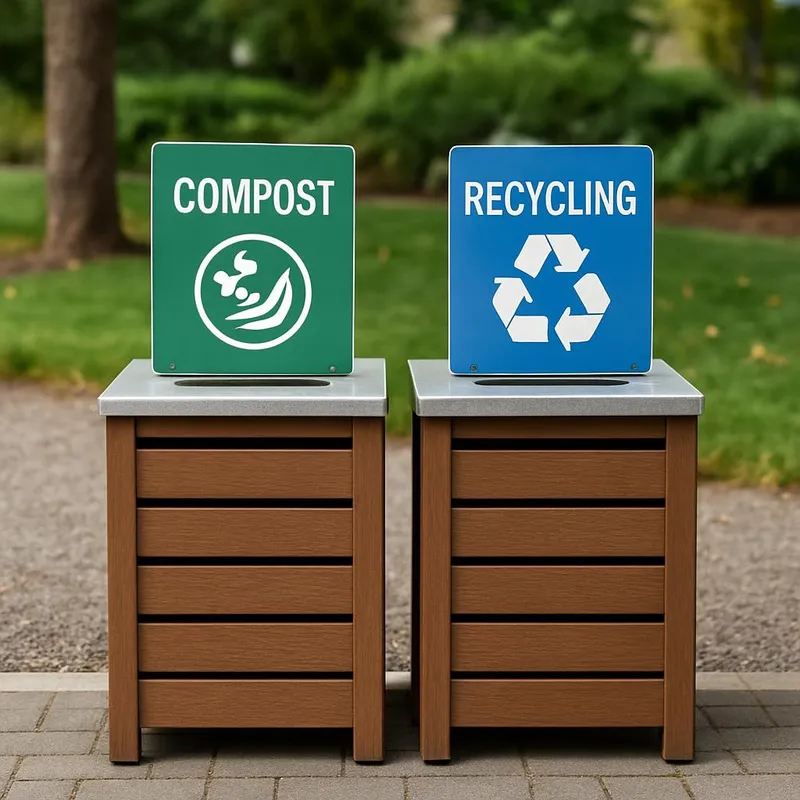Outdoor organized waste sorting bins with compost and recycling signs
