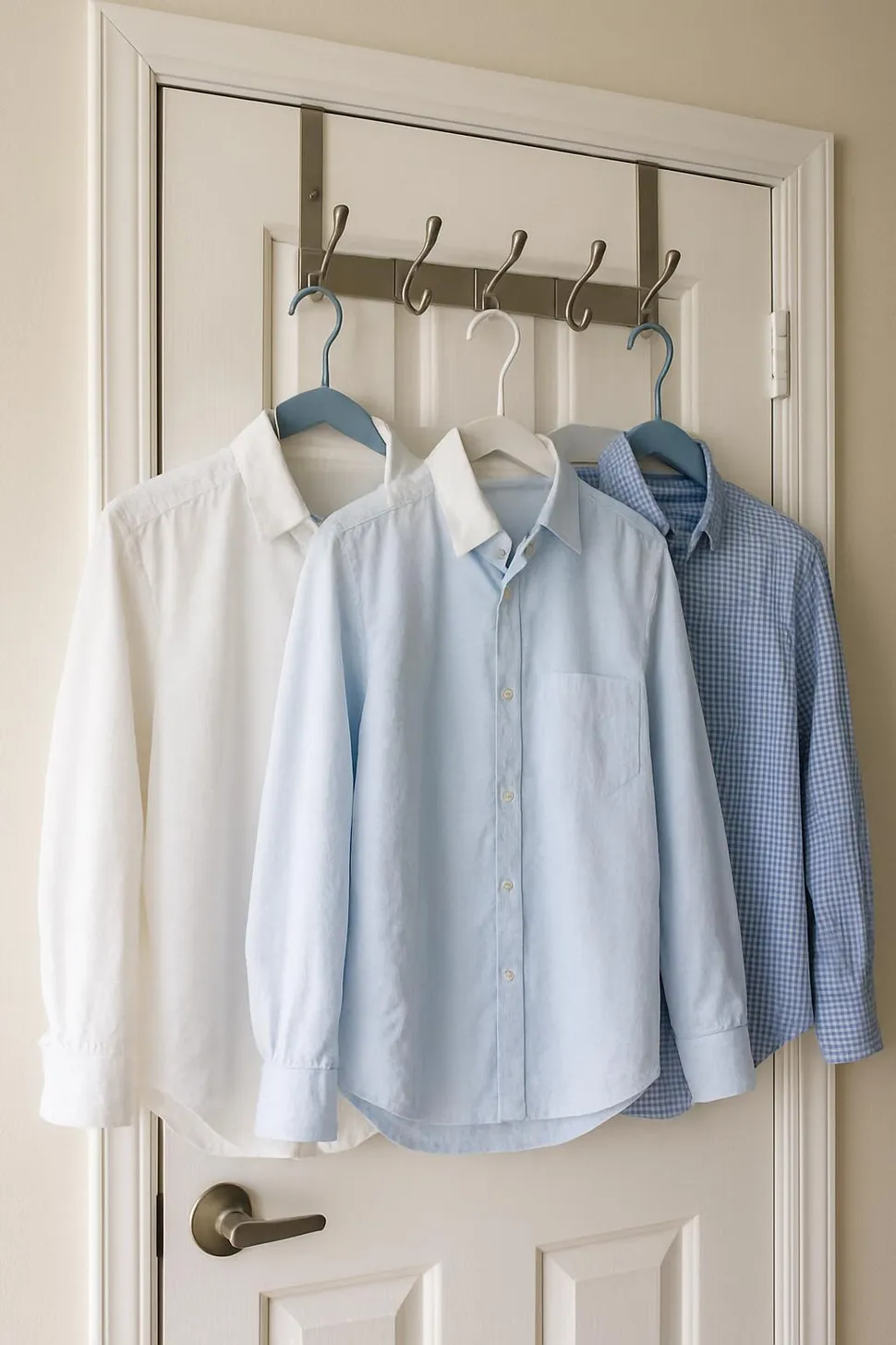 Over-door hooks with shirts air-drying on hangers