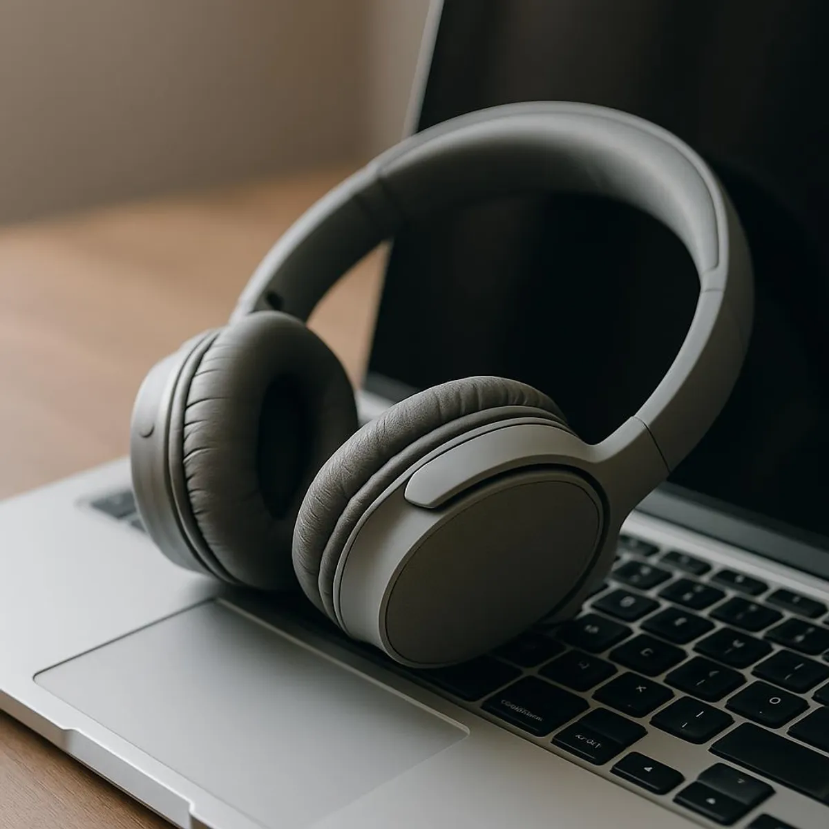 Over-ear headphones resting on a laptop keyboard ready for quiet focus