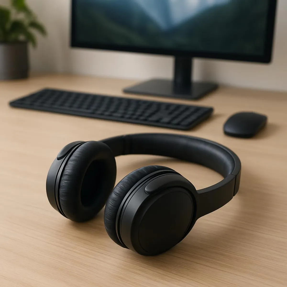 Over-ear headphones sitting on a clean desk setup