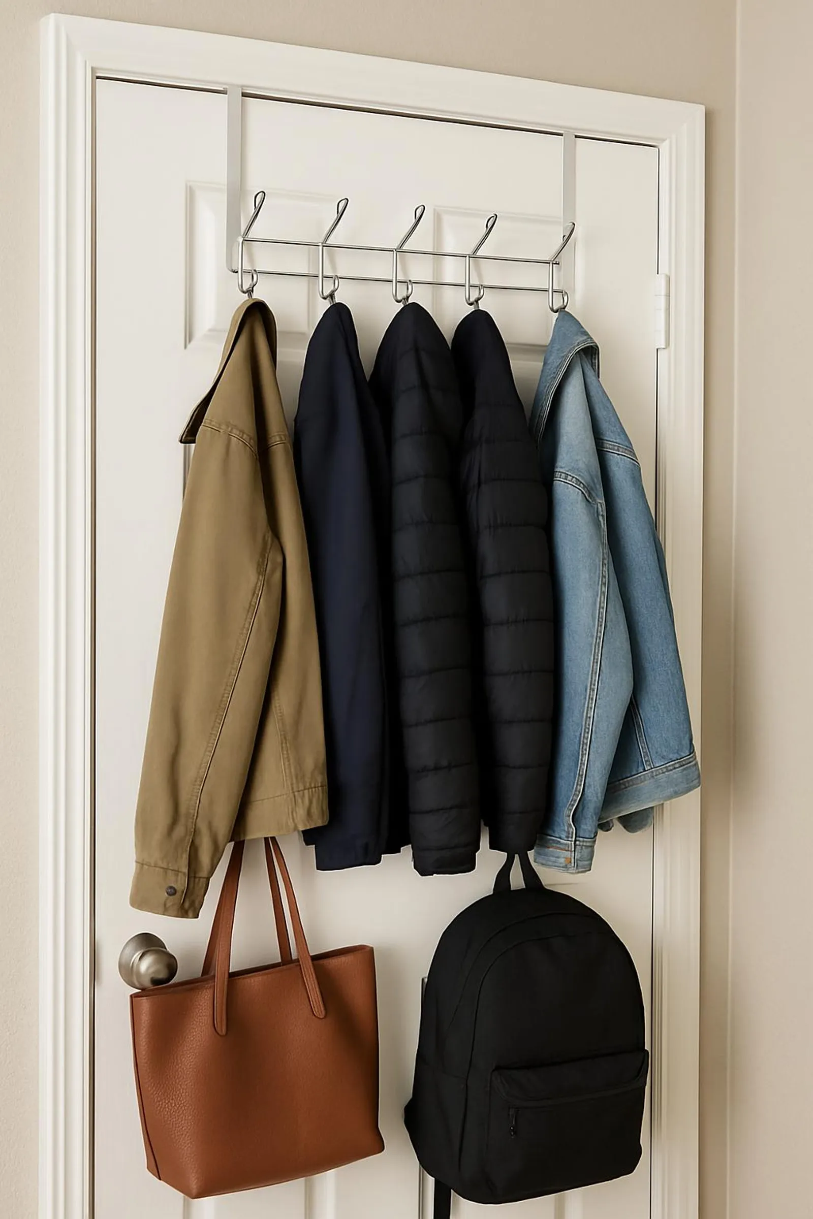 Over-the-door hooks neatly holding jackets and bags.
