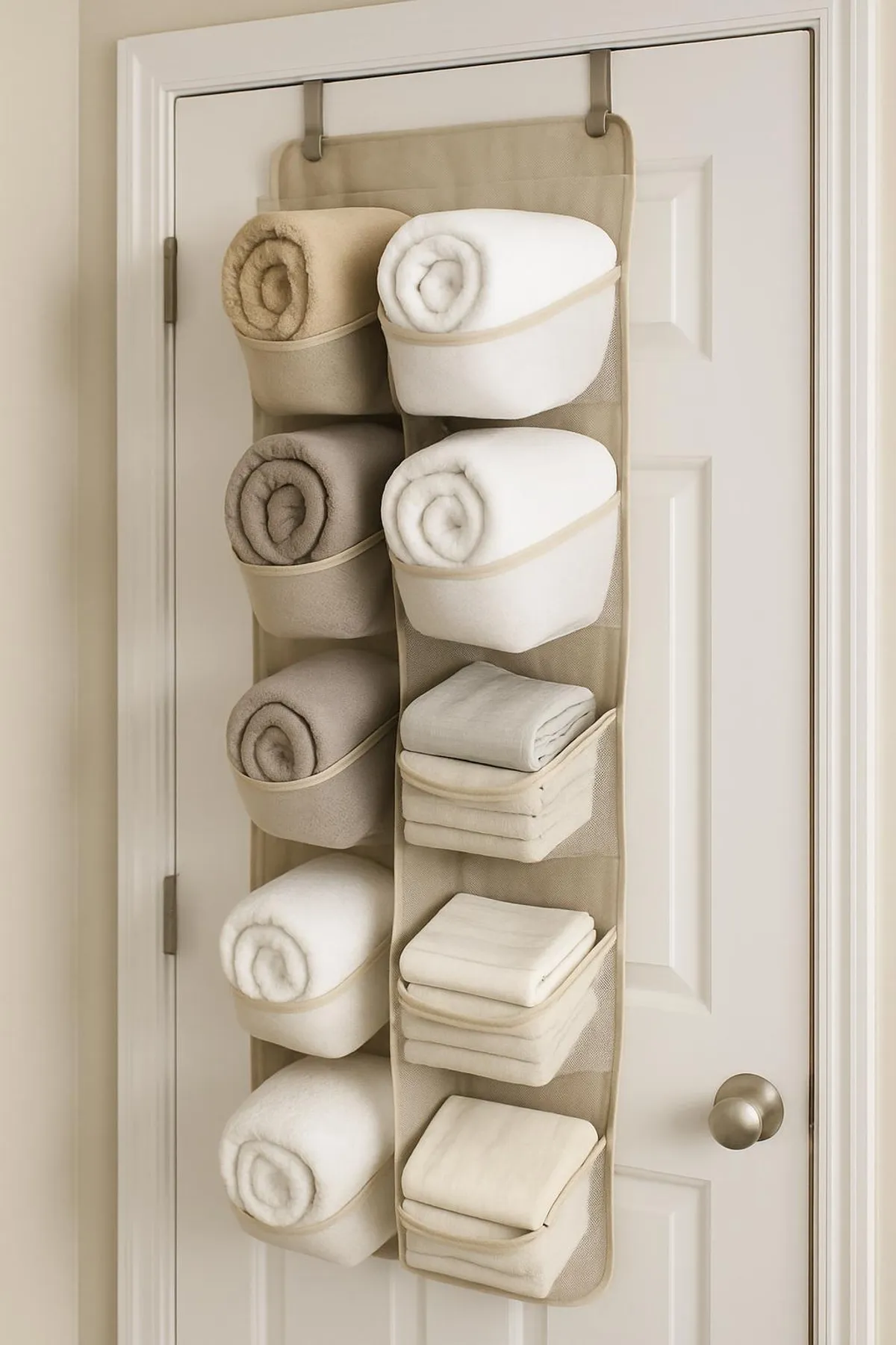 Over-the-door organizer filled with neatly rolled towels and small linens