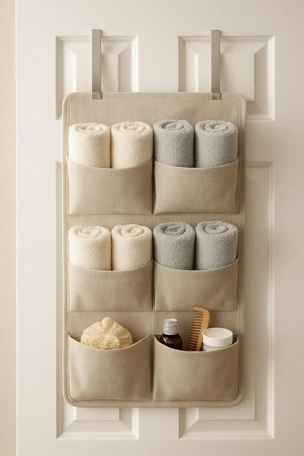 Over-the-door organizer holding washcloths and small items
