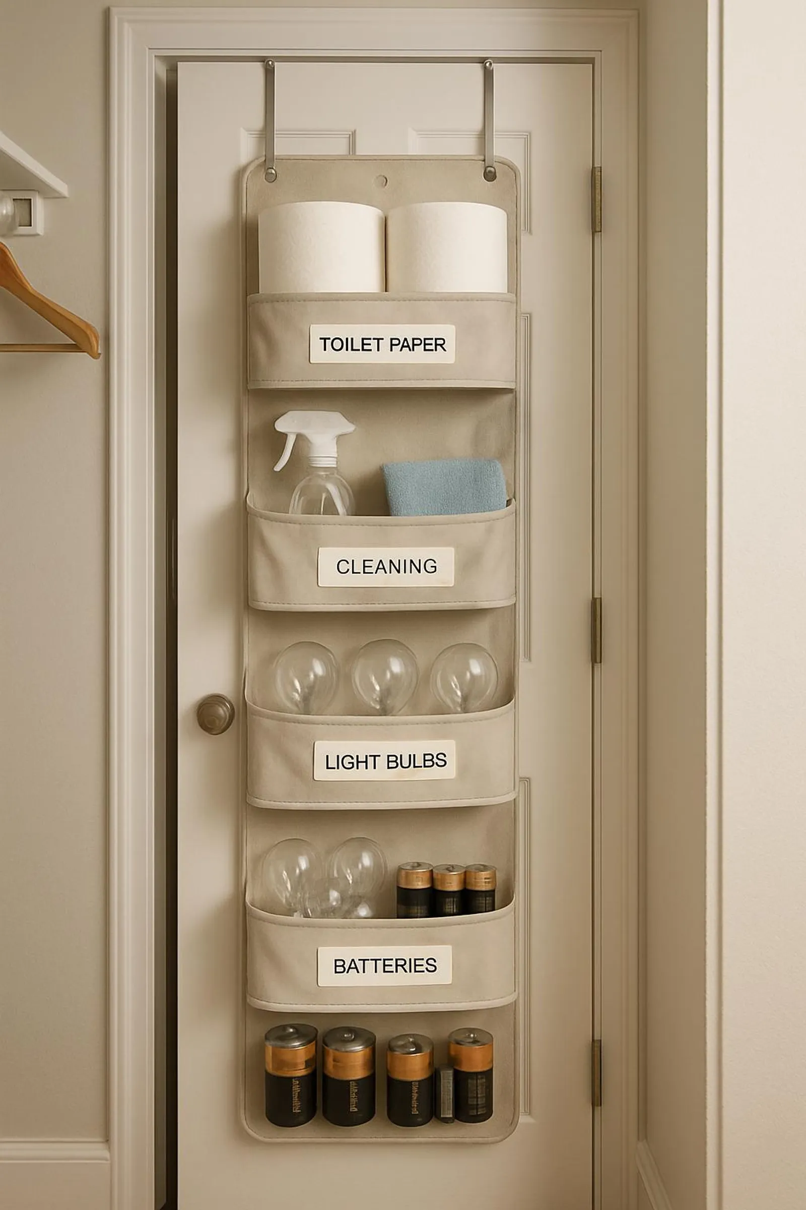 Over-the-door organizer in a small hallway closet, neatly labeled
