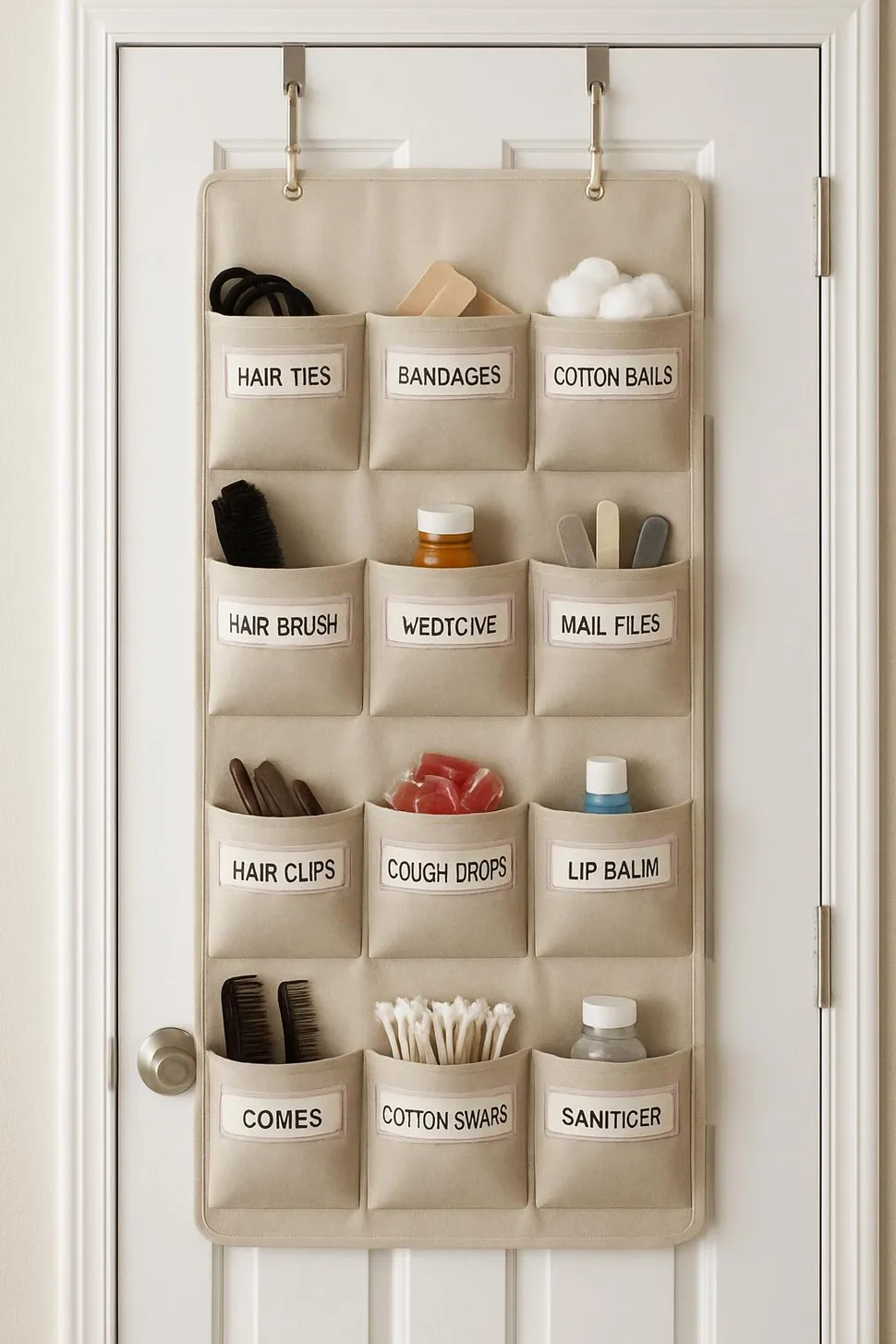 Over-the-door organizer with labeled pockets for small items