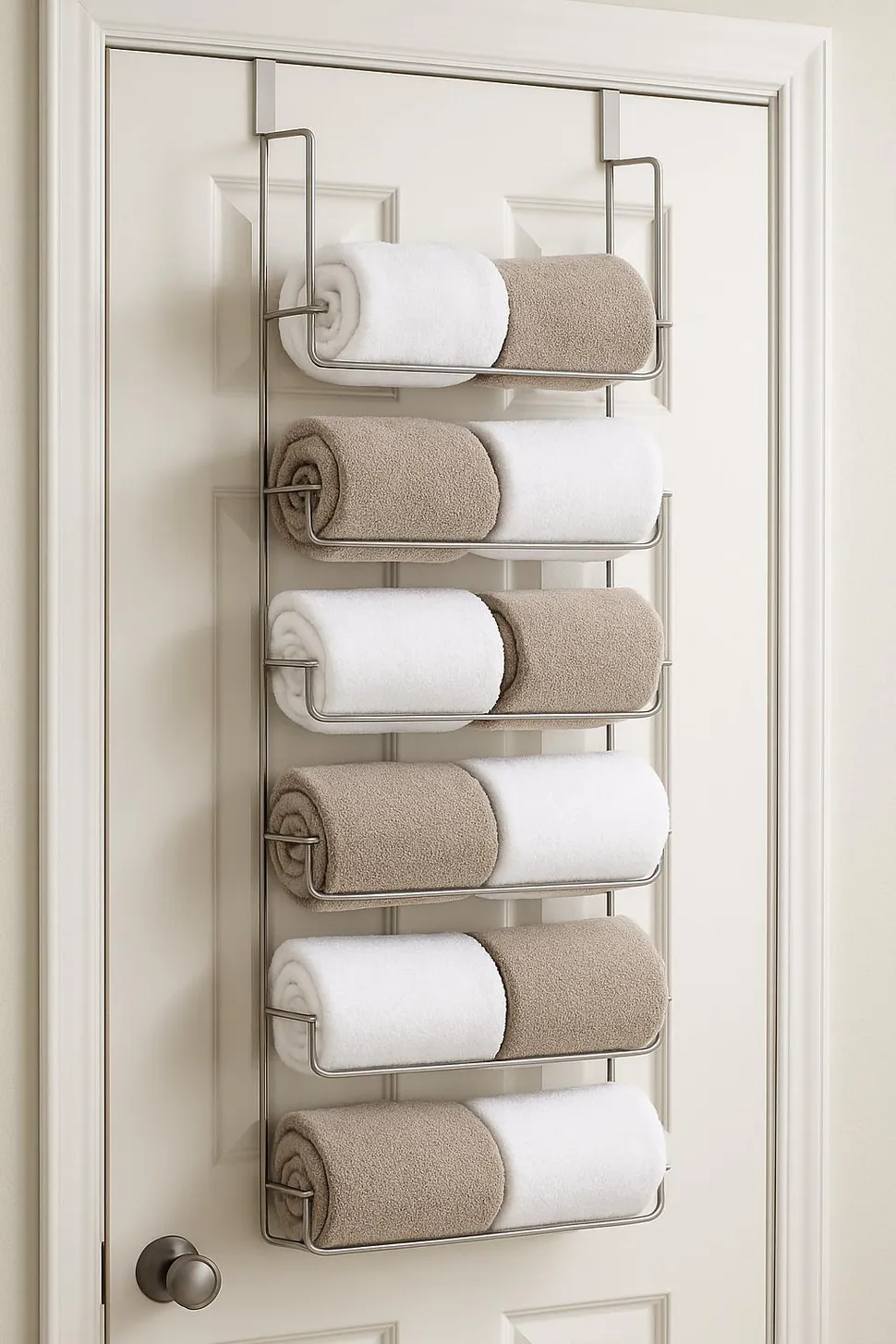 Over-the-door organizer with neatly rolled hand towels