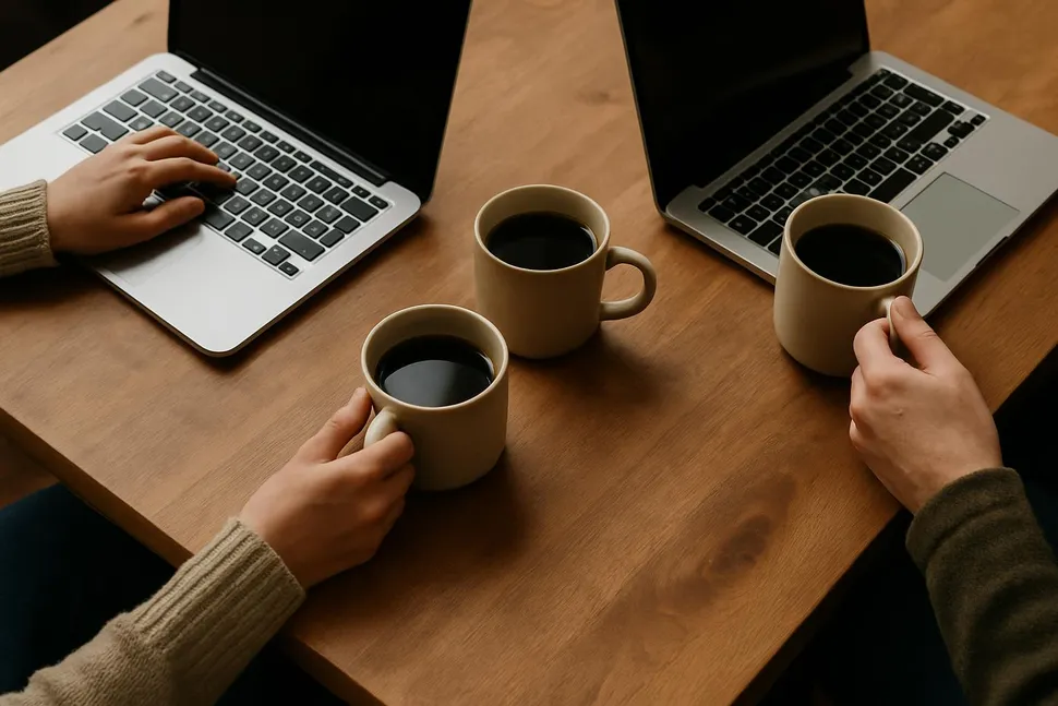 Overhead of coffee mugs and laptops during a cozy coworking session