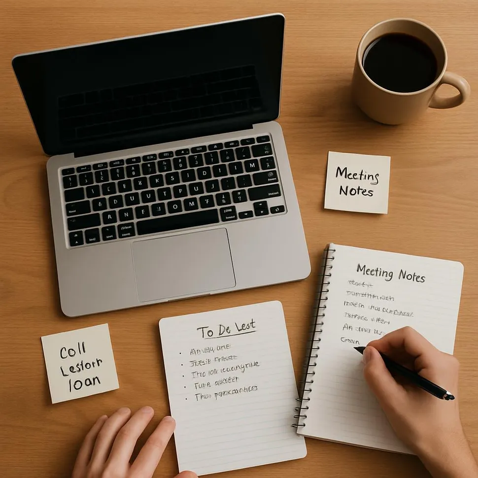 Overhead view of a desk with a laptop and notes, capturing a working session