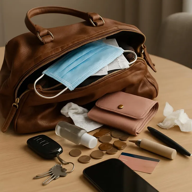 Overloaded messy purse on table with contents spilled out