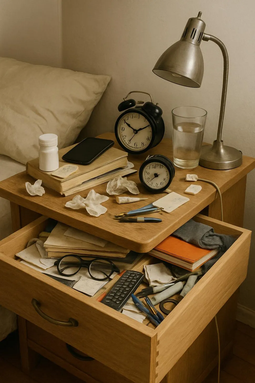 Overloaded nightstand with cluttered surface and overflowing drawer
