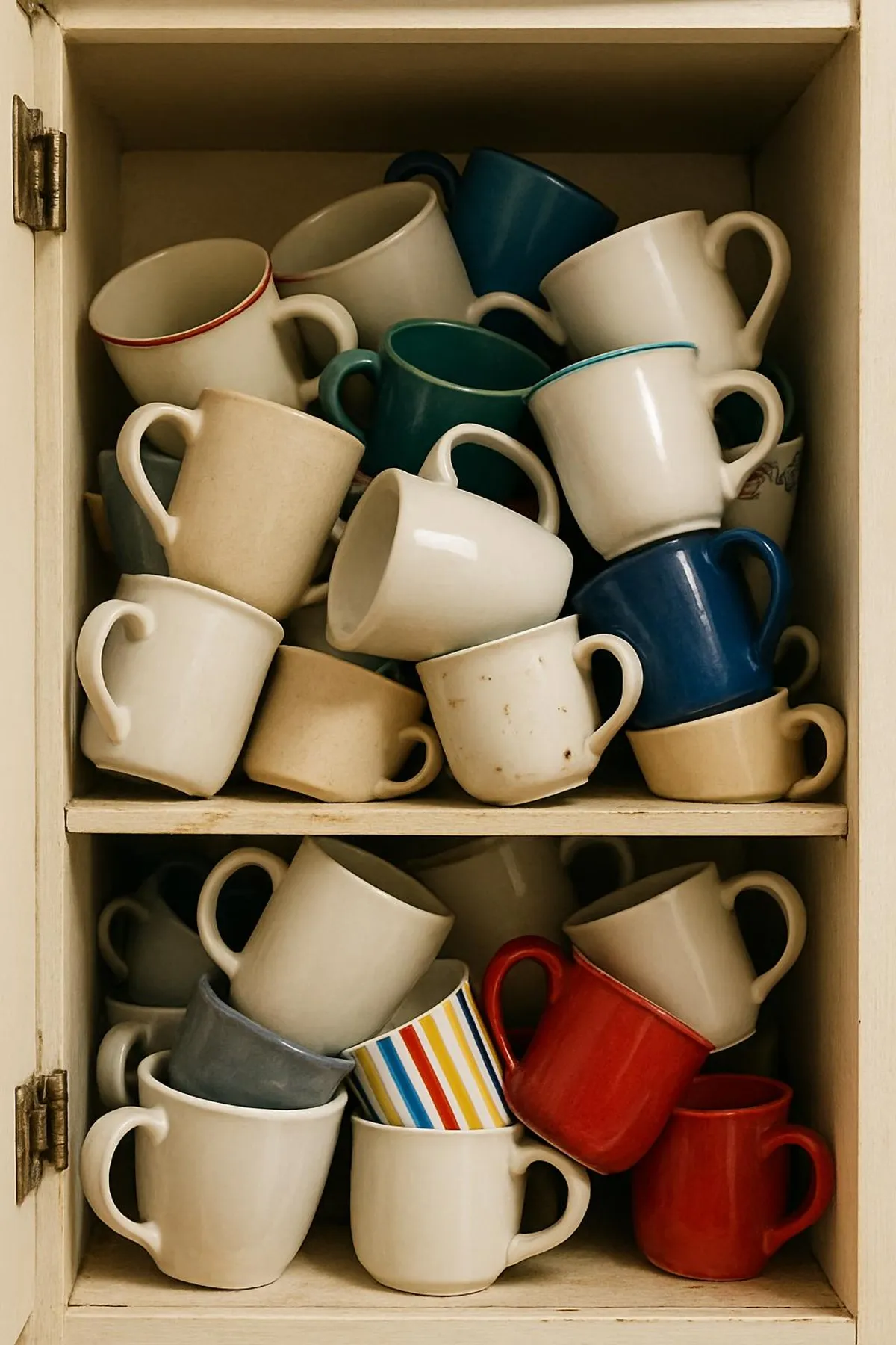 Overstuffed cabinet with mismatched mugs stacked precariously.
