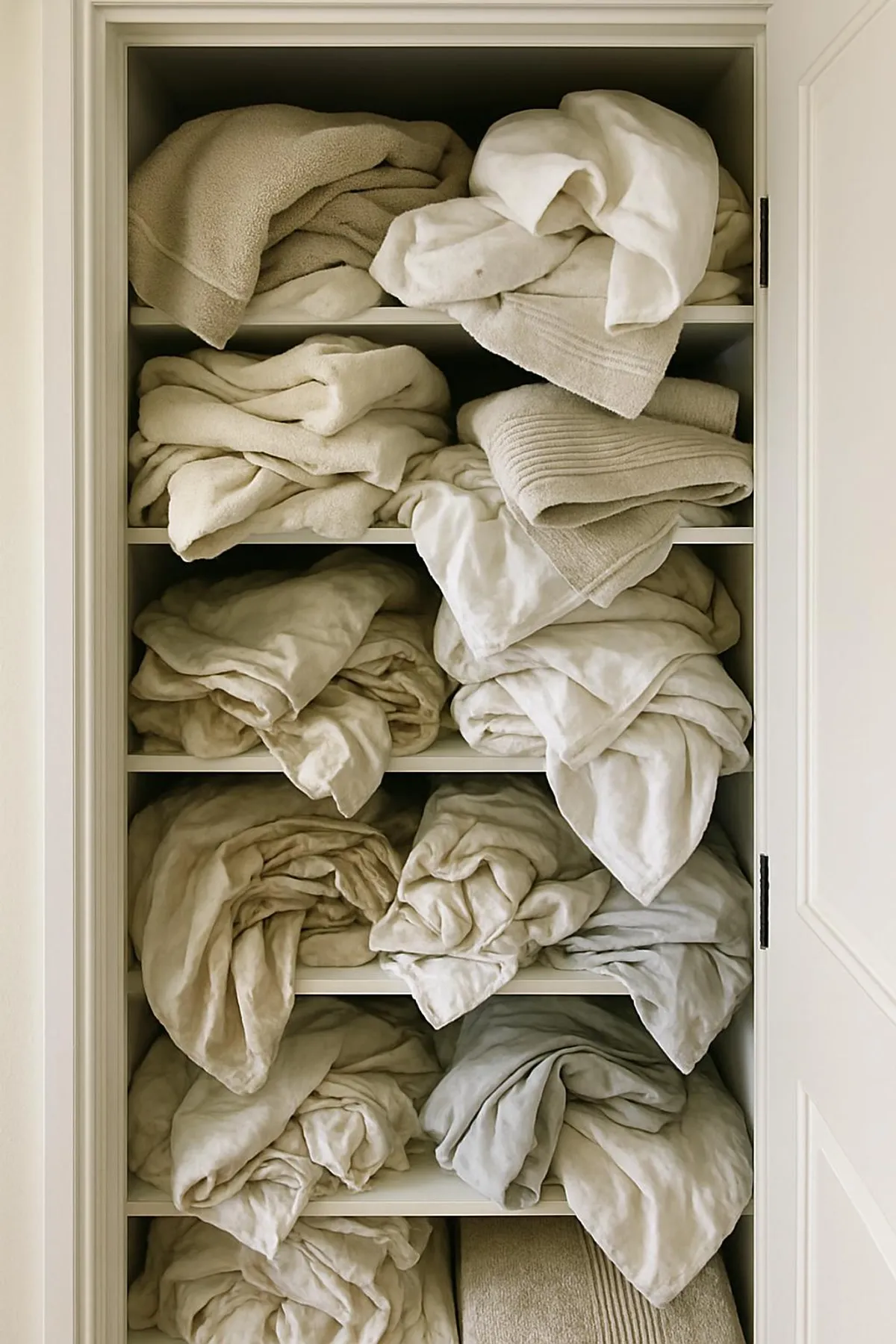 Overstuffed linen closet with towels and sheets tumbling out