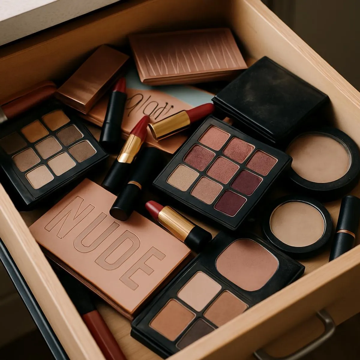 Overstuffed makeup drawer with scattered palettes and lipsticks
