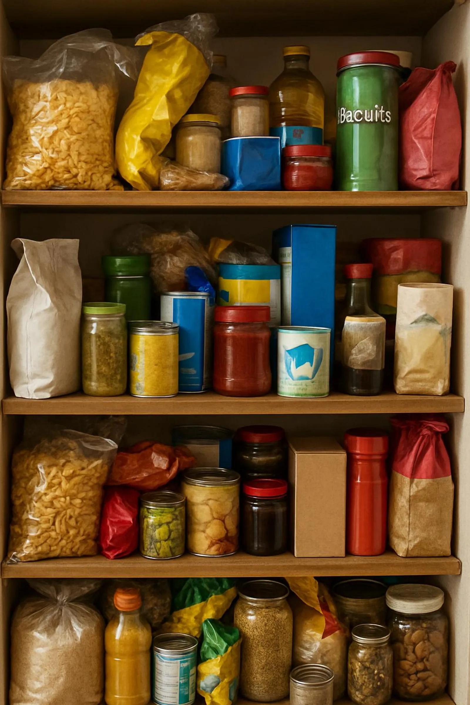 Overstuffed pantry shelves with mismatched packaging and crowded items