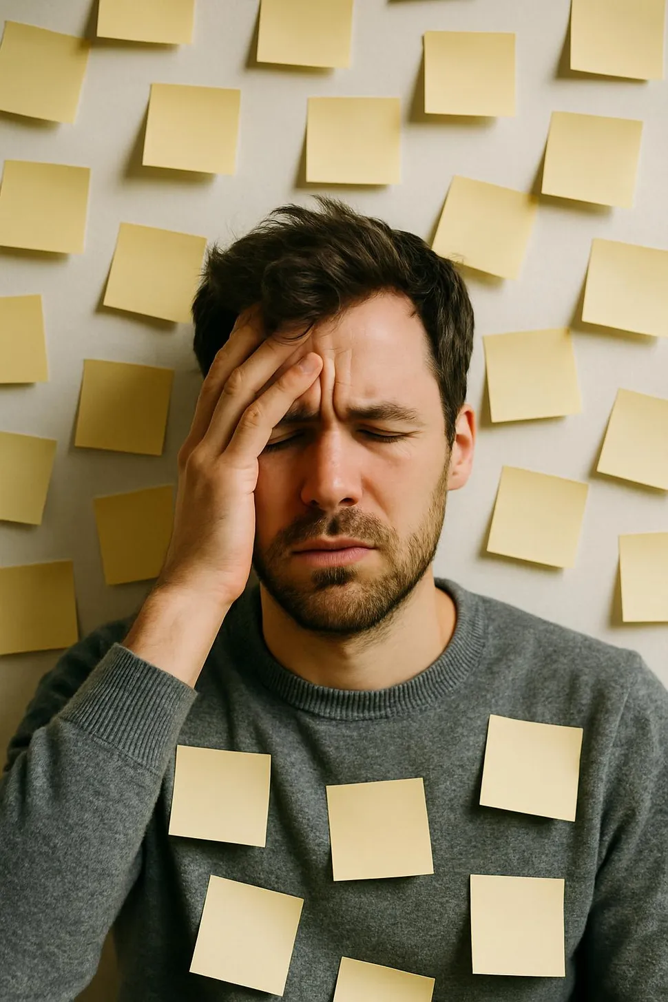 Overwhelmed person surrounded by sticky notes