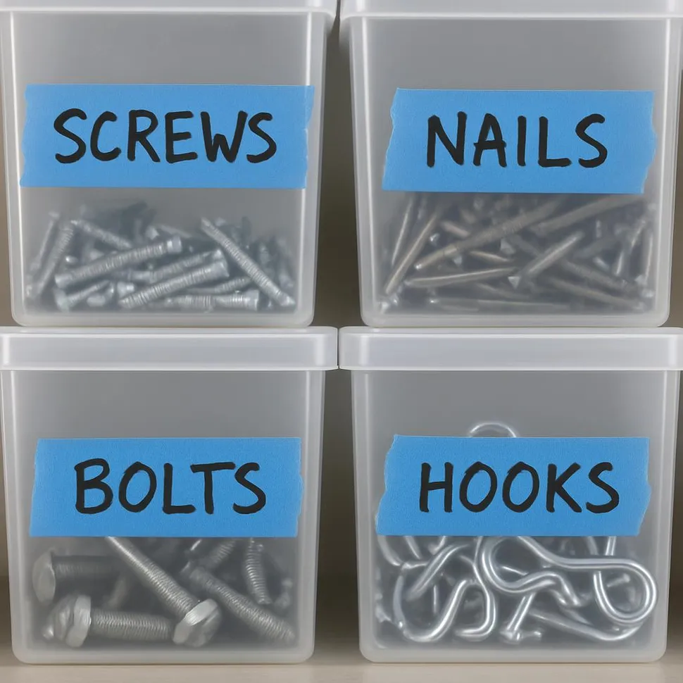 Painter's tape used as temporary labels on bins