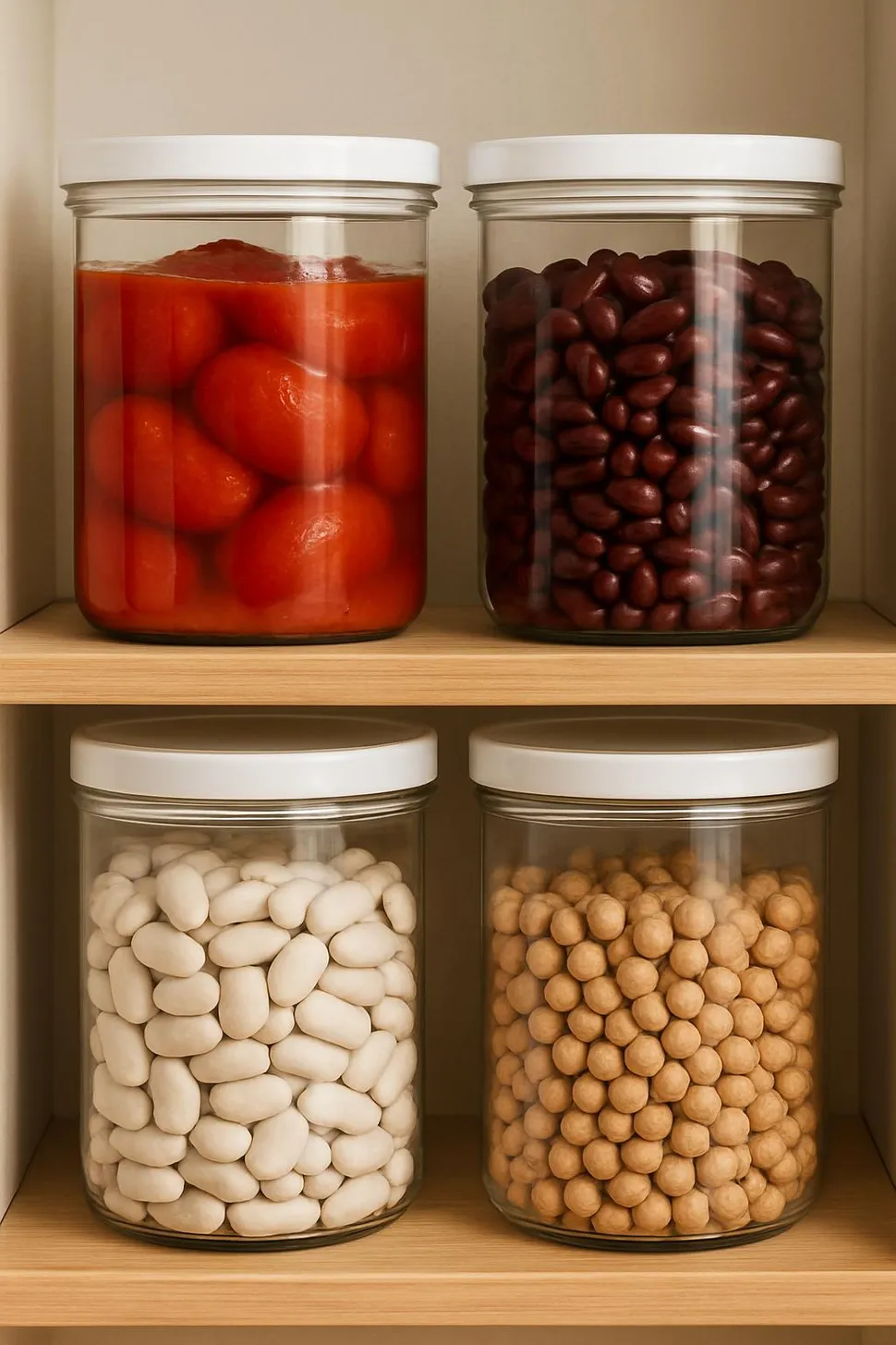Pantry staples like beans and tomatoes grouped neatly in clear containers