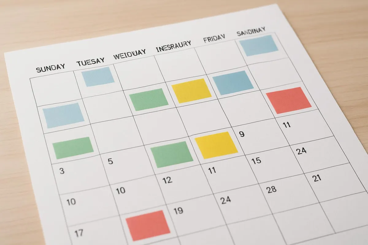 Paper calendar with colored blocks representing sized tasks