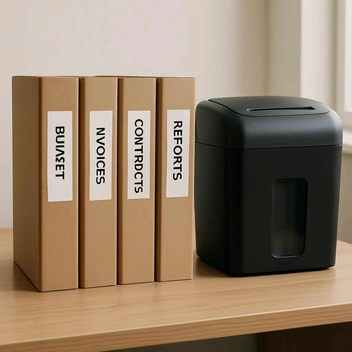 Paper folders with simple labels and a shredder beside the desk.