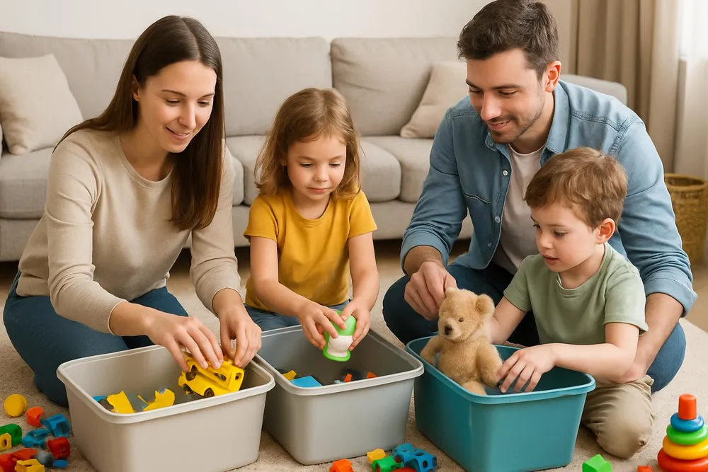 Parents organizing toys into bins with children helping