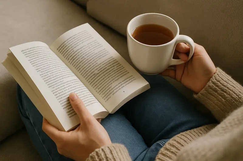 Peaceful analog moment reading a paperback with tea